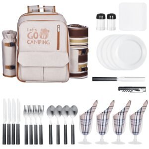 picnic backpack, beach picnic backpack bag for 4 person with insulated cooler compartment, detachable bottle/wine holder, lightweight blanket, plates & cutlery set for outdoor, hiking, camping