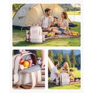 picnic backpack, beach picnic backpack bag for 4 person with insulated cooler compartment, detachable bottle/wine holder, lightweight blanket, plates & cutlery set for outdoor, hiking, camping