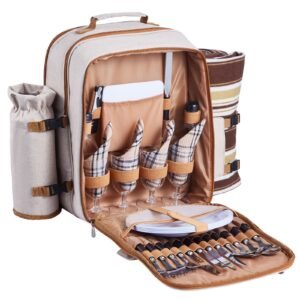 picnic backpack, beach picnic backpack bag for 4 person with insulated cooler compartment, detachable bottle/wine holder, lightweight blanket, plates & cutlery set for outdoor, hiking, camping