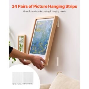 picture hanging strips, 34 pairs, large picture hangers with removable adhesive, hook & loop strips, wall hanging strips for damage free picture hanger, mounting of photos, frames, wall decor
