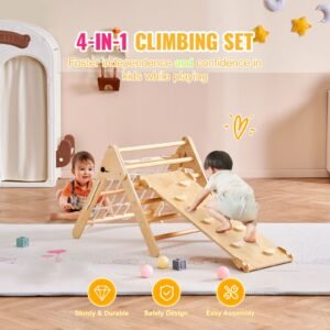 pikler triangle set, 4 in 1 toddler climbing toys indoor playground, large size wooden climbing gym for toddlers 1 3 years, montessori climbing set with triangle and ramp, wood color