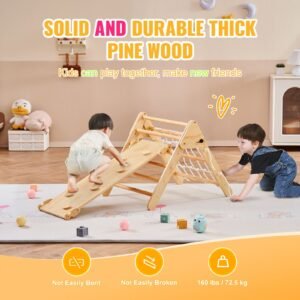 pikler triangle set, 4 in 1 toddler climbing toys indoor playground, large size wooden climbing gym for toddlers 1 3 years, montessori climbing set with triangle and ramp, wood color