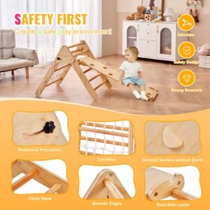 pikler triangle set, 4 in 1 toddler climbing toys indoor playground, large size wooden climbing gym for toddlers 1 3 years, montessori climbing set with triangle and ramp, wood color