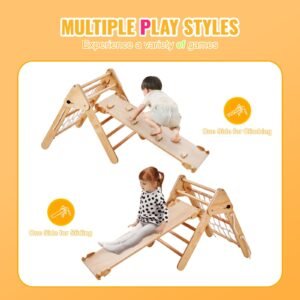 pikler triangle set, 4 in 1 toddler climbing toys indoor playground, large size wooden climbing gym for toddlers 1 3 years, montessori climbing set with triangle and ramp, wood color