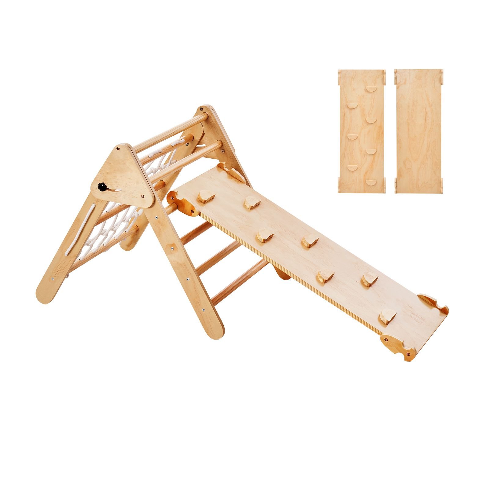 pikler triangle set, 4 in 1 toddler climbing toys indoor playground, large size wooden climbing gym for toddlers 1 3 years, montessori climbing set with triangle and ramp, wood color