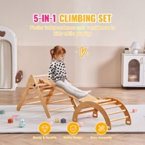 pikler triangle set, 5 in 1 toddler climbing toys indoor playground, ramp, and arch, montessori climbing set with triangle, large size wooden climbing gym for toddlers 1 3 years, wood color