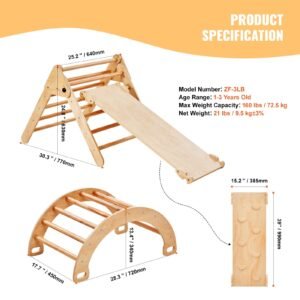 pikler triangle set, 5 in 1 toddler climbing toys indoor playground, ramp, and arch, montessori climbing set with triangle, large size wooden climbing gym for toddlers 1 3 years, wood color