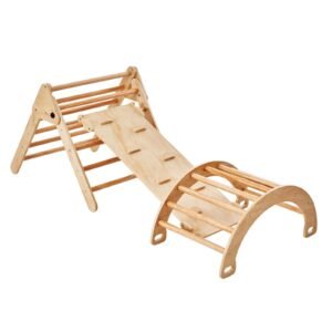 pikler triangle set, 5 in 1 toddler climbing toys indoor playground, ramp, and arch, montessori climbing set with triangle, large size wooden climbing gym for toddlers 1 3 years, wood color