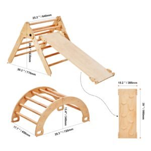 pikler triangle set, 5 in 1 toddler climbing toys indoor playground, ramp, and arch, montessori climbing set with triangle, large size wooden climbing gym for toddlers 1 3 years, wood color