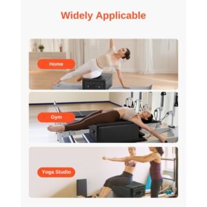 pilates box for reformer, 25x17x9 in pilates reformers sitting box for exercises, premium pu and wood pilates equipment accessory, improve strength, balance, range of motion home gym, black