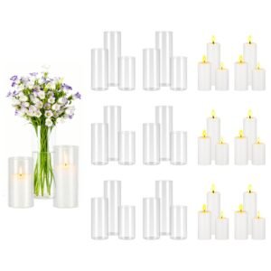 Pillar Candles and Glass Vases Set 36 Pcs, Clear Cylinder Hurricane Candle Holders for Wedding Centerpieces, Tall Vase for Table Decor, Wedding Party, Thanksgiving,White (2.56" x 4.7",5.9",7.9")