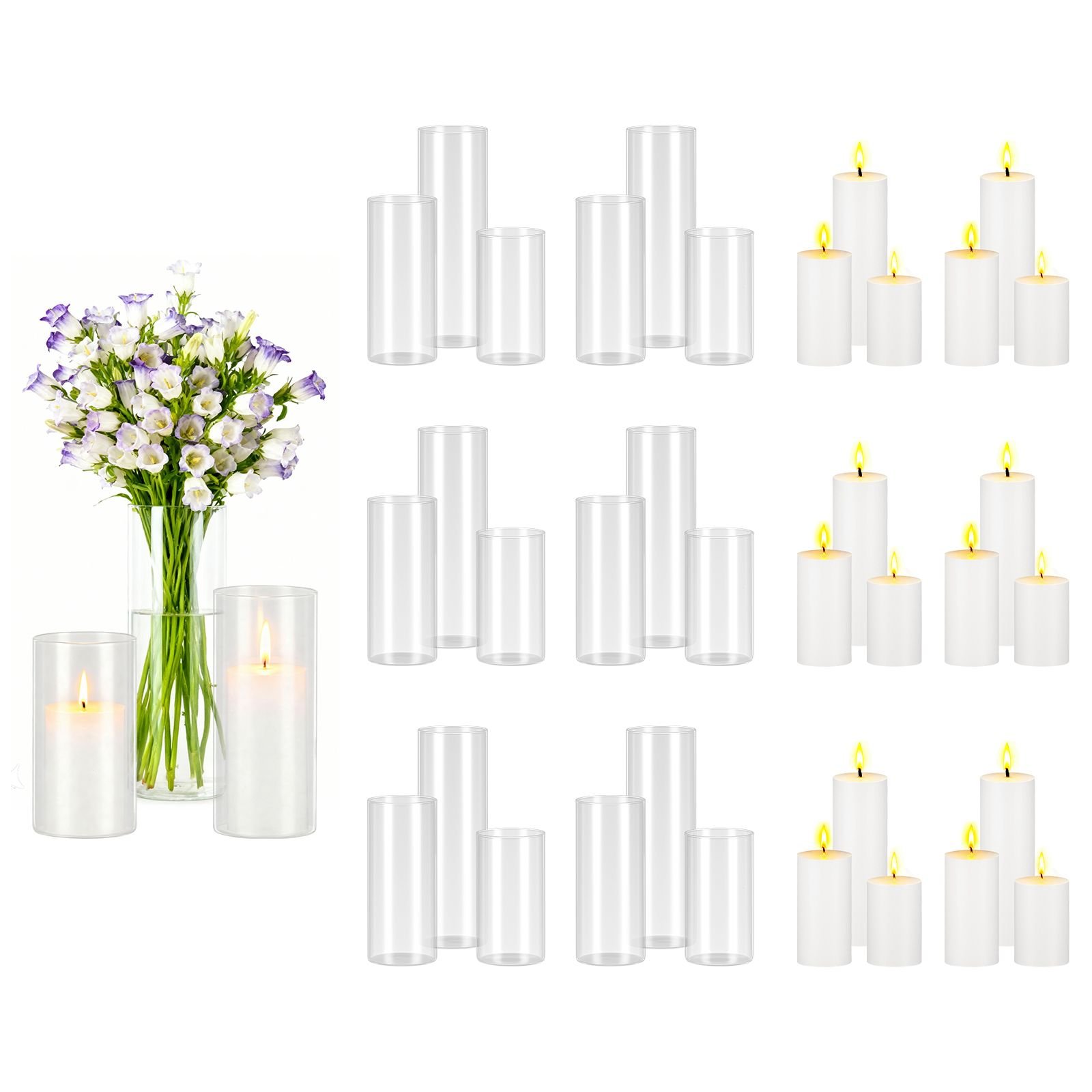 pillar candles and glass vases set 36 pcs, clear cylinder hurricane candle holders for wedding centerpieces, tall vase for table decor, wedding party, thanksgiving,white (2.56" x 4.7",5.9",7.9")