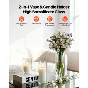 pillar candles and glass vases set 36 pcs, clear cylinder hurricane candle holders for wedding centerpieces, tall vase for table decor, wedding party, thanksgiving,white (2.56" x 4.7",5.9",7.9")