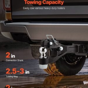 pintle hook, 16000 lbs towing capacity, pintle hook hitch for 2 inch hitch hook military receiver, combination 2 inch hitch ball, fits 2.5 to 3 inch lunette ring, black powder coat, for trailers