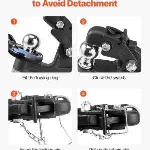 pintle hook, 16000 lbs towing capacity, pintle hook hitch for 2 inch hitch hook military receiver, combination 2 inch hitch ball, fits 2.5 to 3 inch lunette ring, black powder coat, for trailers