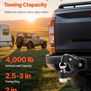 pintle hook, 20000 lbs towing capacity, trailer hitches receiver hook combination 2 inch hitch ball, fits for 2.5 to 3 inch lunette ring with mounting kit, wear resistant, black powder coat