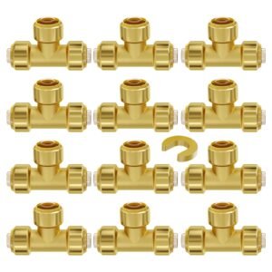 pipe fittings, 1/2" 12pcs tee brass pipe fittings, push fit pipe connector brass air fittings, heavy duty plumbing fittings adapter for heating/shower systems, water pipes