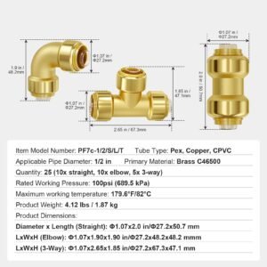 pipe fittings, 1/2" 25pcs (10xstraight, 10xelbows, 5xtees) brass pipe fittings, push fit pipe connector brass air fittings, plumbing fittings adapter for heating/shower systems, water pipes