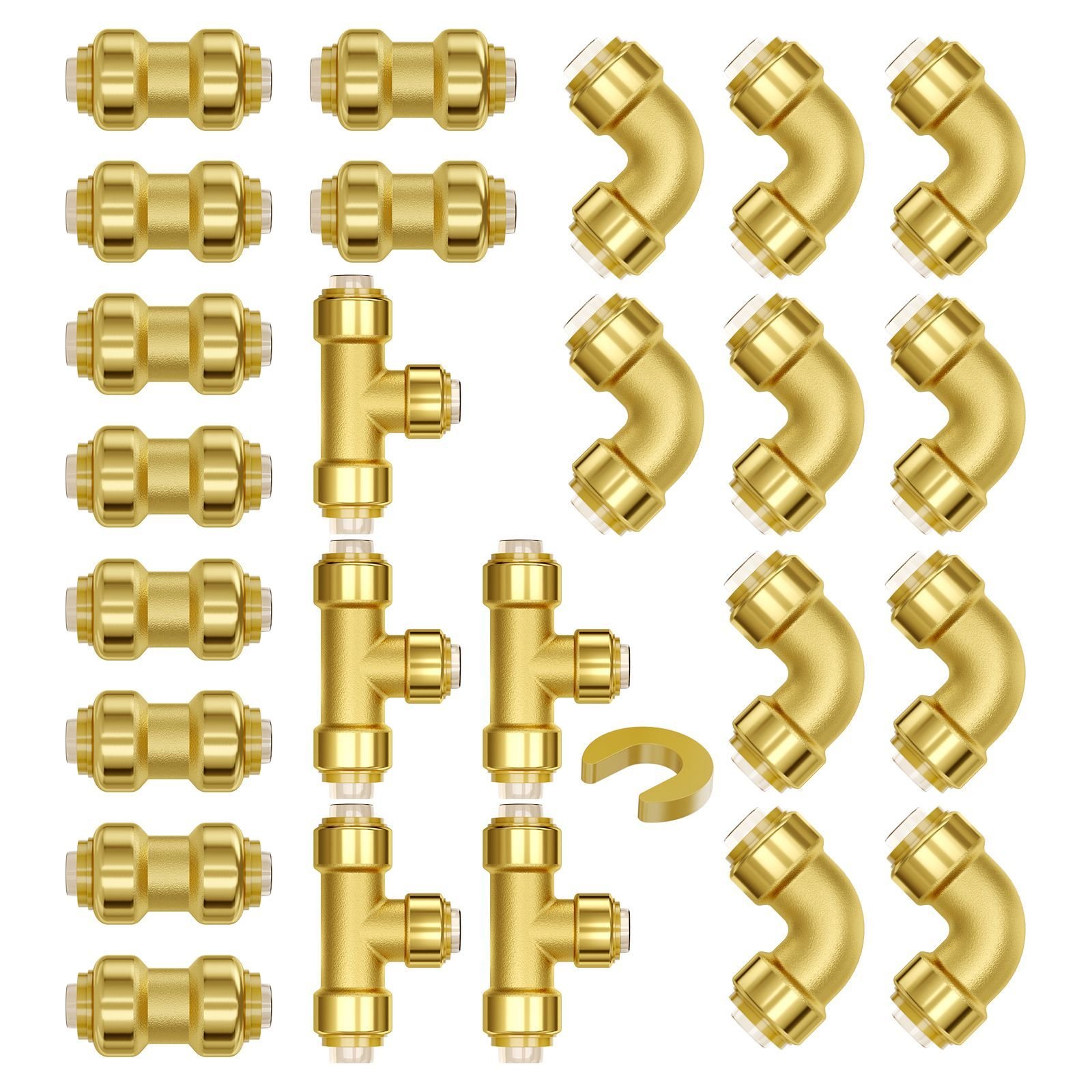 pipe fittings, 1/2" 25pcs (10xstraight, 10xelbows, 5xtees) brass pipe fittings, push fit pipe connector brass air fittings, plumbing fittings adapter for heating/shower systems, water pipes