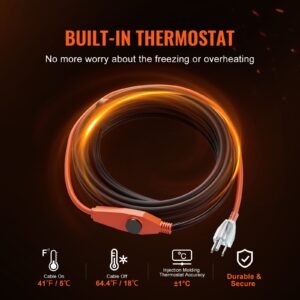 pipe heating cable, 18ft 7w/ft heat tape for pipes with built in thermostat, water pipe heat cable protects pvc hose, metal and plastic pipe from freezing