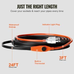 pipe heating cable, 24ft 7w/ft heat tape for pipes with built in thermostat, water pipe heat cable protects pvc hose, metal and plastic pipe from freezing