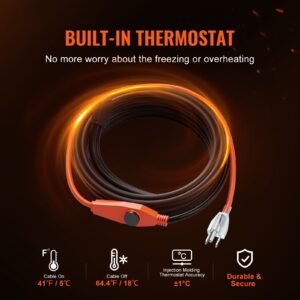 pipe heating cable, 30ft 7w/ft heat tape for pipes with built in thermostat, water pipe heat cable protects pvc hose, metal and plastic pipe from freezing