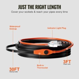 pipe heating cable, 30ft 7w/ft heat tape for pipes with built in thermostat, water pipe heat cable protects pvc hose, metal and plastic pipe from freezing