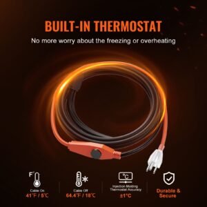 pipe heating cable, 3ft 7w/ft heat tape for pipes with built in thermostat, water pipe heat cable protects pvc hose, metal and plastic pipe from freezing