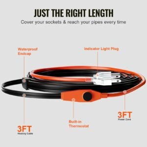 pipe heating cable, 3ft 7w/ft heat tape for pipes with built in thermostat, water pipe heat cable protects pvc hose, metal and plastic pipe from freezing