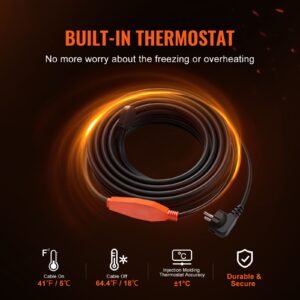 pipe heating cable, 60ft 7w/ft heat tape for pipes with built in thermostat, water pipe heat cable protects pvc hose, metal and plastic pipe from freezing