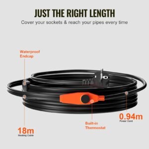 pipe heating cable, 60ft 7w/ft heat tape for pipes with built in thermostat, water pipe heat cable protects pvc hose, metal and plastic pipe from freezing