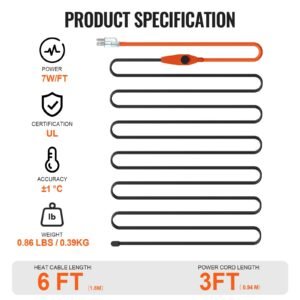 pipe heating cable, 6ft 7w/ft heat tape for pipes with built in thermostat, water pipe heat cable protects pvc hose, metal and plastic pipe from freezing