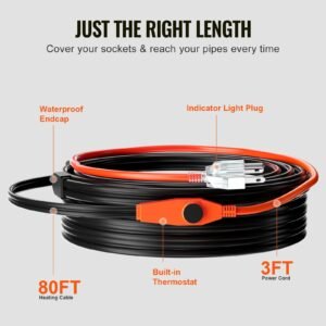 pipe heating cable, 80ft 7w/ft heat tape for pipes with built in thermostat, water pipe heat cable protects pvc hose, metal and plastic pipe from freezing
