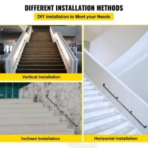 pipe stair handrail, 10ft staircase handrail, 440lbs load capacity carbon steel pipe handrail, industrial pipe handrail with wall mount support, round corner wall handrailing for indoor, outdoor