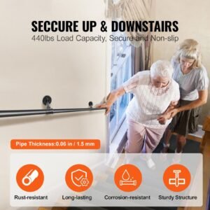 pipe stair handrail, 11ft staircase handrail, 440lbs load capacity carbon steel pipe handrail, industrial pipe handrail with wall mount support, round corner wall handrailing for indoor, outdoor