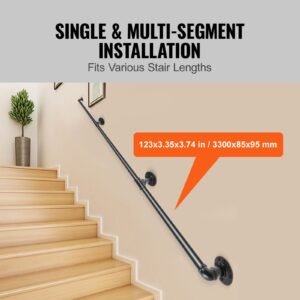 pipe stair handrail, 11ft staircase handrail, 440lbs load capacity carbon steel pipe handrail, industrial pipe handrail with wall mount support, round corner wall handrailing for indoor, outdoor