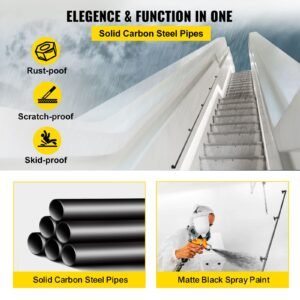 pipe stair handrail, 13ft staircase handrail, 440lbs load capacity carbon steel pipe handrail, industrial pipe handrail with wall mount support, round corner wall handrailing for indoor, outdoor