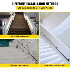 pipe stair handrail, 13ft staircase handrail, 440lbs load capacity carbon steel pipe handrail, industrial pipe handrail with wall mount support, round corner wall handrailing for indoor, outdoor