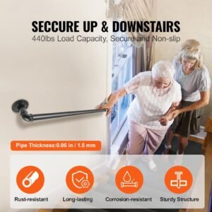 pipe stair handrail, 2ft staircase handrail, 440lbs load capacity carbon steel pipe handrail, industrial pipe handrail with wall mount support, round corner wall handrailings for indoor, outdoor