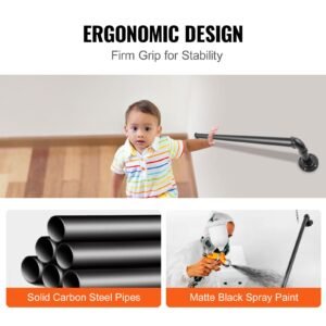pipe stair handrail, 2ft staircase handrail, 440lbs load capacity carbon steel pipe handrail, industrial pipe handrail with wall mount support, round corner wall handrailings for indoor, outdoor