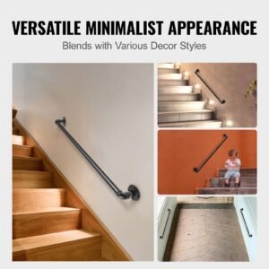 pipe stair handrail, 2ft staircase handrail, 440lbs load capacity carbon steel pipe handrail, industrial pipe handrail with wall mount support, round corner wall handrailings for indoor, outdoor