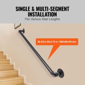 pipe stair handrail, 3ft staircase handrail, 440lbs load capacity carbon steel pipe handrail, industrial pipe handrail with wall mount support, round corner wall handrailings for indoor, outdoor