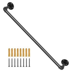 Pipe Stair Handrail, 3FT Staircase Handrail, 440LBS Load Capacity Carbon Steel Pipe Handrail, Industrial Pipe Handrail with Wall Mount Support, Round Corner Wall Handrailings for Indoor, Outdoor