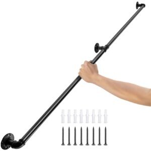 pipe stair handrail, 4ft staircase handrail, 440lbs load capacity carbon steel pipe handrail, industrial pipe handrail with wall mount support, round corner wall handrailings for indoor, outdoor