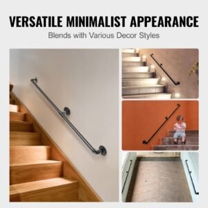 pipe stair handrail, 4ft staircase handrail, 440lbs load capacity carbon steel pipe handrail, industrial pipe handrail with wall mount support, round corner wall handrailings for indoor, outdoor