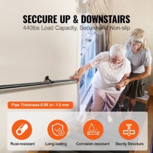 pipe stair handrail, 5ft staircase handrail, 440lbs load capacity carbon steel pipe handrail, industrial pipe handrail with wall mount support, round corner wall handrailings for indoor, outdoor
