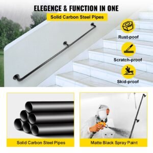 pipe stair handrail, 6ft staircase handrail, 440lbs load capacity carbon steel pipe handrail, industrial pipe handrail with wall mount support, round corner wall handrailings for indoor, outdoor