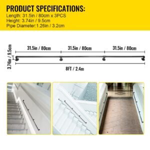 pipe stair handrail, 8ft staircase handrail, 440lbs load capacity carbon steel pipe handrail, industrial pipe handrail with wall mount support, round corner wall handrailings for indoor, outdoor