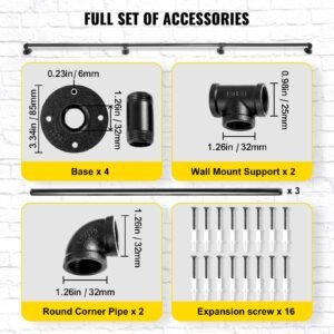 pipe stair handrail, 9ft staircase handrail, 440lbs load capacity carbon steel pipe handrail, industrial pipe handrail with wall mount support, round corner wall handrailings for indoor, outdoor