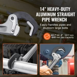 pipe wrench, 14" aluminum straight pipe wrench, automatic jaw adjustment, adjustable plumbing wrench, easy to carry, ergonomic handle, hangable design, for water pipes, automotive repairs